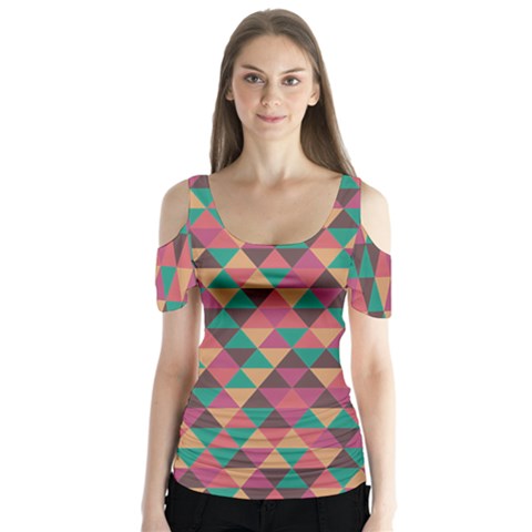 Retro Orange Green Geometric Pattern Butterfly Sleeve Cutout Tee  by snowwhitegirl