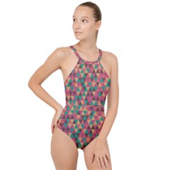 Retro Orange Green Geometric Pattern High Neck One Piece Swimsuit