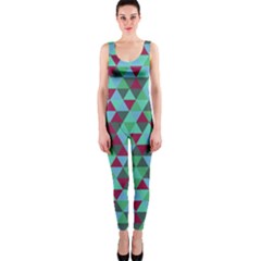 Retro Teal Green Geometric Pattern One Piece Catsuit