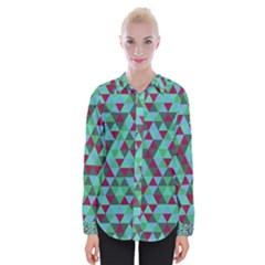 Retro Teal Green Geometric Pattern Womens Long Sleeve Shirt