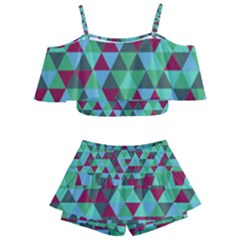 Retro Teal Green Geometric Pattern Kids  Off Shoulder Skirt Bikini by snowwhitegirl