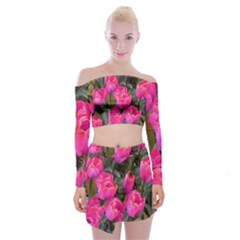 Pink Tulips Off Shoulder Top With Mini Skirt Set