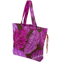 Tropical Pink Leaves Drawstring Tote Bag by snowwhitegirl