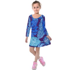 Tropical Blue Leaves Kids  Long Sleeve Velvet Dress