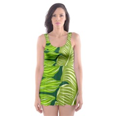 Tropical Green Leaves Skater Dress Swimsuit by snowwhitegirl