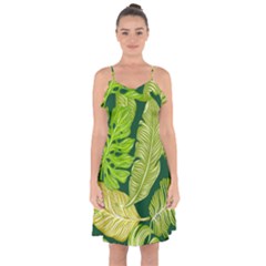 Tropical Green Leaves Ruffle Detail Chiffon Dress