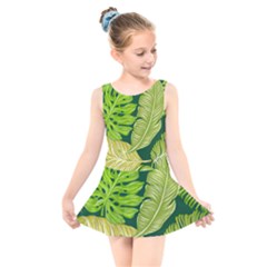Tropical Green Leaves Kids  Skater Dress Swimsuit by snowwhitegirl
