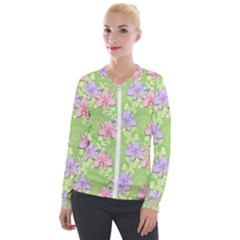 Lily Flowers Green Plant Natural Velour Zip Up Jacket by Pakrebo