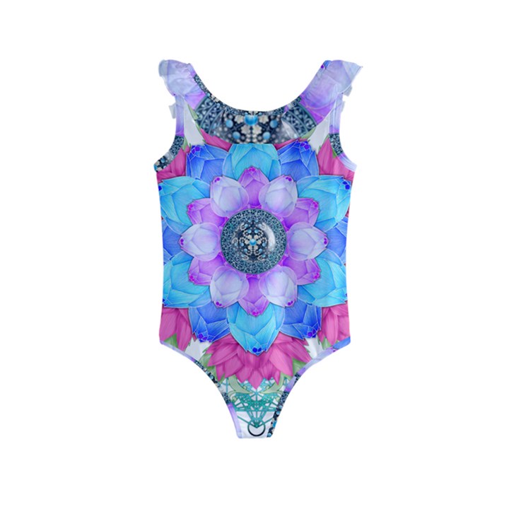 Lotus Flower Bird Metatron s Cube Kids  Frill Swimsuit