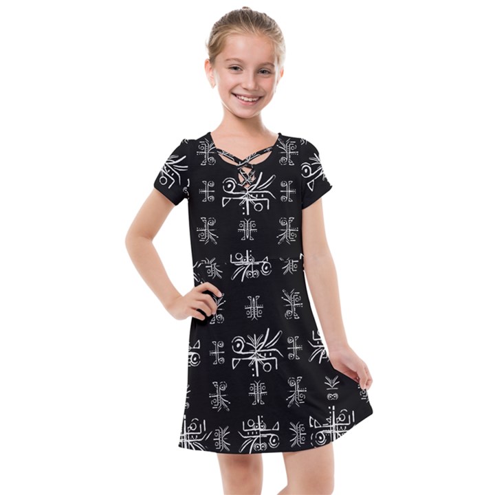 Black And White Ethnic Design Print Kids  Cross Web Dress