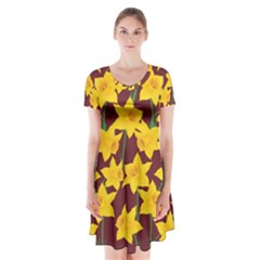 Yellow Daffodils Pattern Short Sleeve V-neck Flare Dress by Valentinaart