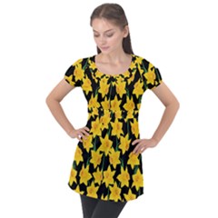 Yellow Daffodils Pattern Puff Sleeve Tunic Top by Valentinaart