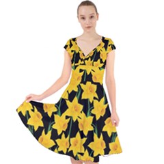 Yellow Daffodils Pattern Cap Sleeve Front Wrap Midi Dress by Valentinaart