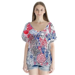 Floral Jungle  V-neck Flutter Sleeve Top by okhismakingart