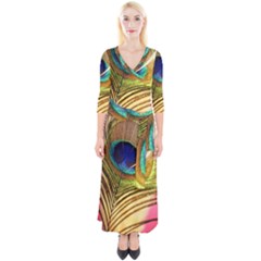 Peacock Feather Colorful Peacock Quarter Sleeve Wrap Maxi Dress