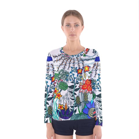 Moon And Flowers Abstract Women s Long Sleeve Tee by okhismakingart