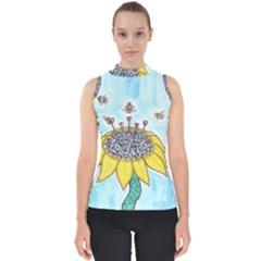 Bees At Work In Blue  Mock Neck Shell Top by okhismakingart