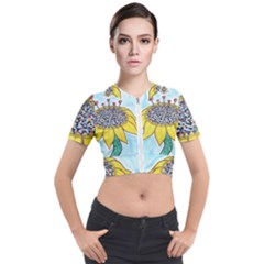 Bees At Work In Blue  Short Sleeve Cropped Jacket by okhismakingart