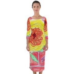 Reid Hall Rose Watercolor Quarter Sleeve Midi Bodycon Dress by okhismakingart