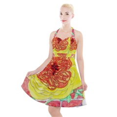 Reid Hall Rose Watercolor Halter Party Swing Dress  by okhismakingart