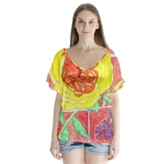 Reid Hall Rose Watercolor V-neck Flutter Sleeve Top