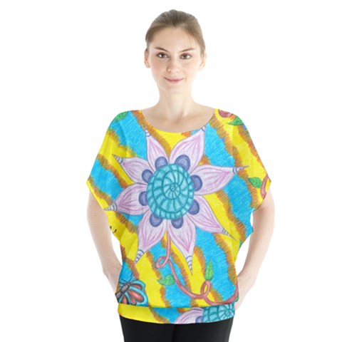 Tie-dye Flower And Butterflies Batwing Chiffon Blouse by okhismakingart