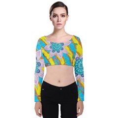 Tie-dye Flower And Butterflies Velvet Long Sleeve Crop Top by okhismakingart