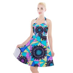 Neon Geometric Flowers  Halter Party Swing Dress  by okhismakingart