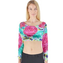 Roses And Movie Theater Carpet Long Sleeve Crop Top by okhismakingart