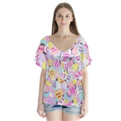 Candy Hearts (sweet Hearts-inspired) V-neck Flutter Sleeve Top by okhismakingart
