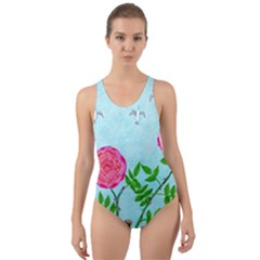 Roses And Seagulls Cut-out Back One Piece Swimsuit by okhismakingart