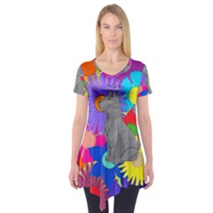 Floral Cat Short Sleeve Tunic  by okhismakingart