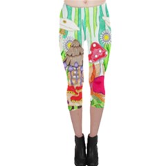 Iguana And Mushrooms Capri Leggings  by okhismakingart