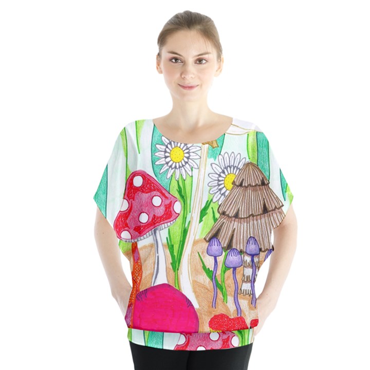 Iguana and Mushrooms Batwing Chiffon Blouse