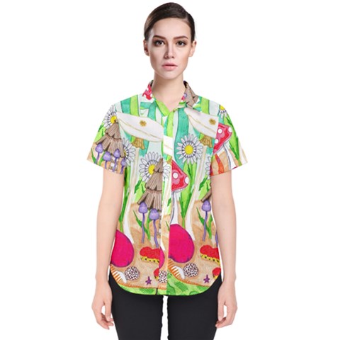 Iguana And Mushrooms Women s Short Sleeve Shirt by okhismakingart