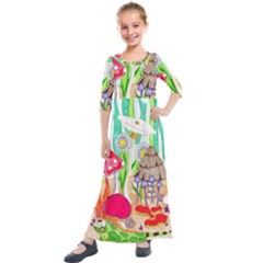 Iguana And Mushrooms Kids  Quarter Sleeve Maxi Dress by okhismakingart