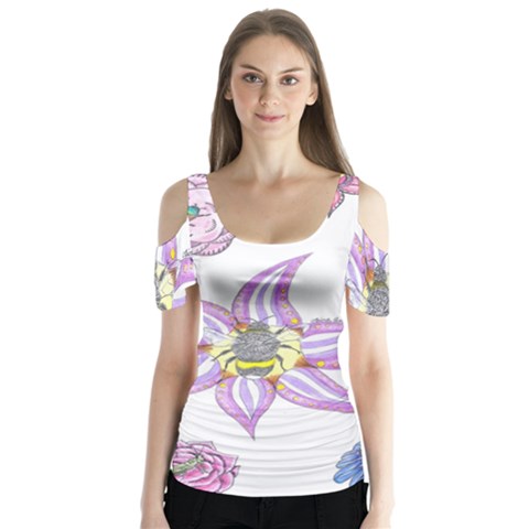 Flower And Insects Butterfly Sleeve Cutout Tee  by okhismakingart