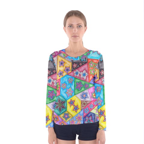 Stained Glass Flowers  Women s Long Sleeve Tee by okhismakingart