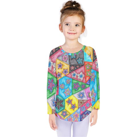 Stained Glass Flowers  Kids  Long Sleeve Tee by okhismakingart