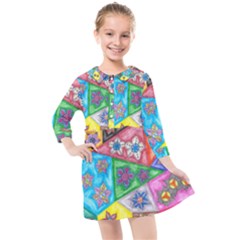 Stained Glass Flowers  Kids  Quarter Sleeve Shirt Dress by okhismakingart