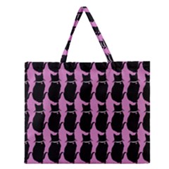 Cat Silouette Pattern Pink Zipper Large Tote Bag