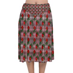 Roses Pink Plaid Velvet Flared Midi Skirt