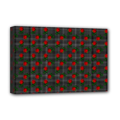 Roses Black Plaid Deluxe Canvas 18  X 12  (stretched)