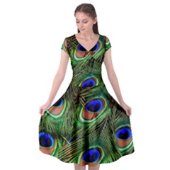 Peacock Feathers Cap Sleeve Wrap Front Dress