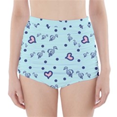 Duck Family Blue Pink Hearts Pattern High-Waisted Bikini Bottoms