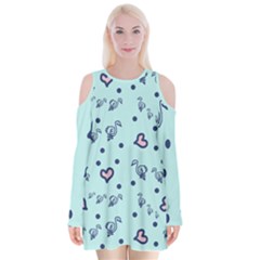 Duck Family Blue Pink Hearts Pattern Velvet Long Sleeve Shoulder Cutout Dress by snowwhitegirl