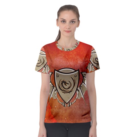 Wonderful Dragon On A Shield With Wings Women s Sport Mesh Tee by FantasyWorld7