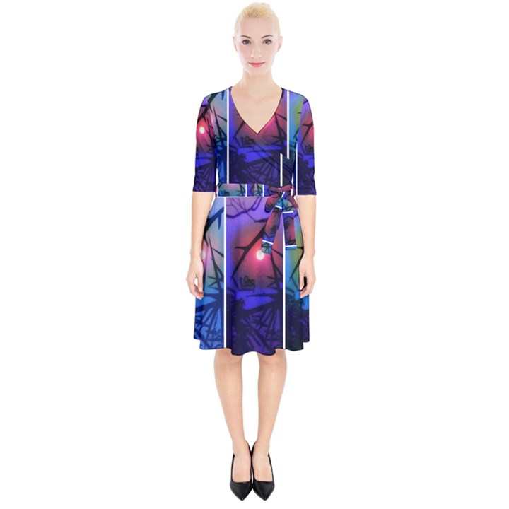 Moon and Locust Tree Collage Wrap Up Cocktail Dress