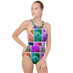Color Block Queen Annes Lace Collage High Neck One Piece Swimsuit by okhismakingart