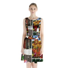 Floral Collage Sleeveless Waist Tie Chiffon Dress by okhismakingart